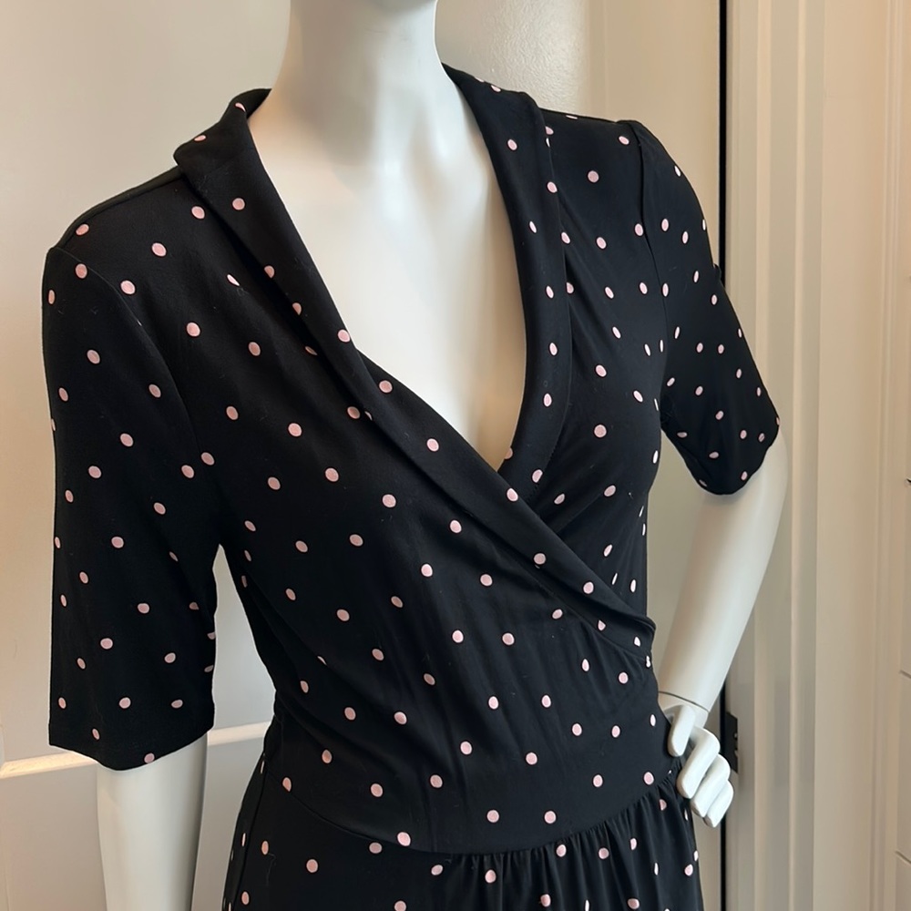 Pink polka dot Boden knit wrap midi dress size 8